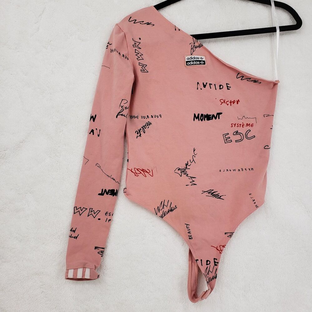 Adidas Bodysuit Womens Large Pink One Shoulder Long Sleeve Graphic GD3042 ESC